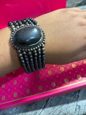 Handcrafted Black Stone Beaded Stretch Bracelet - Women